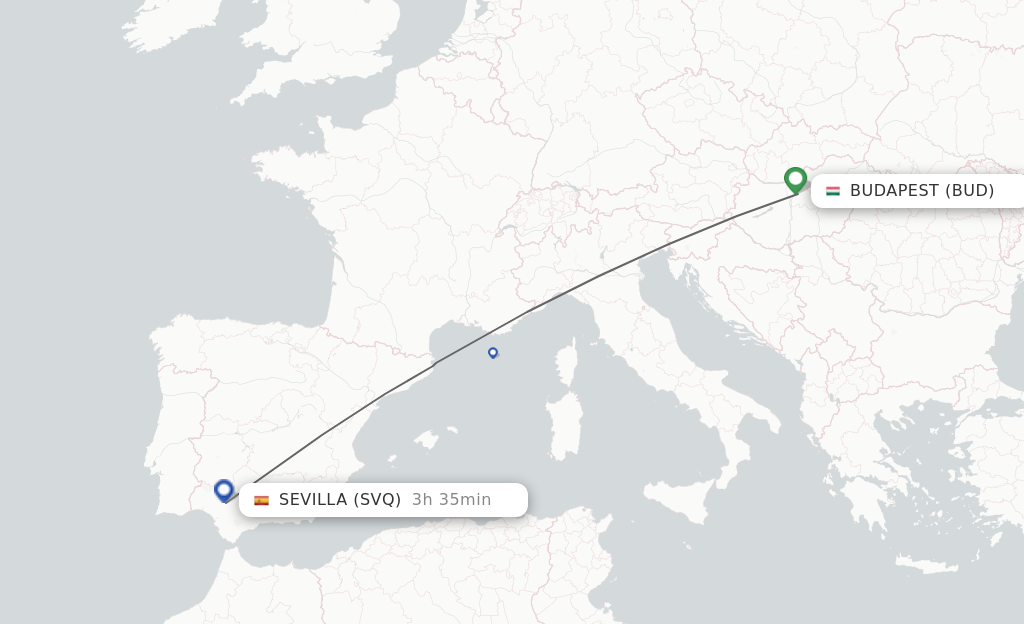Flights from Budapest to Sevilla route map