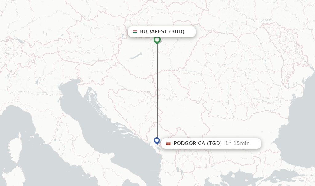Flights from Budapest to Podgorica route map