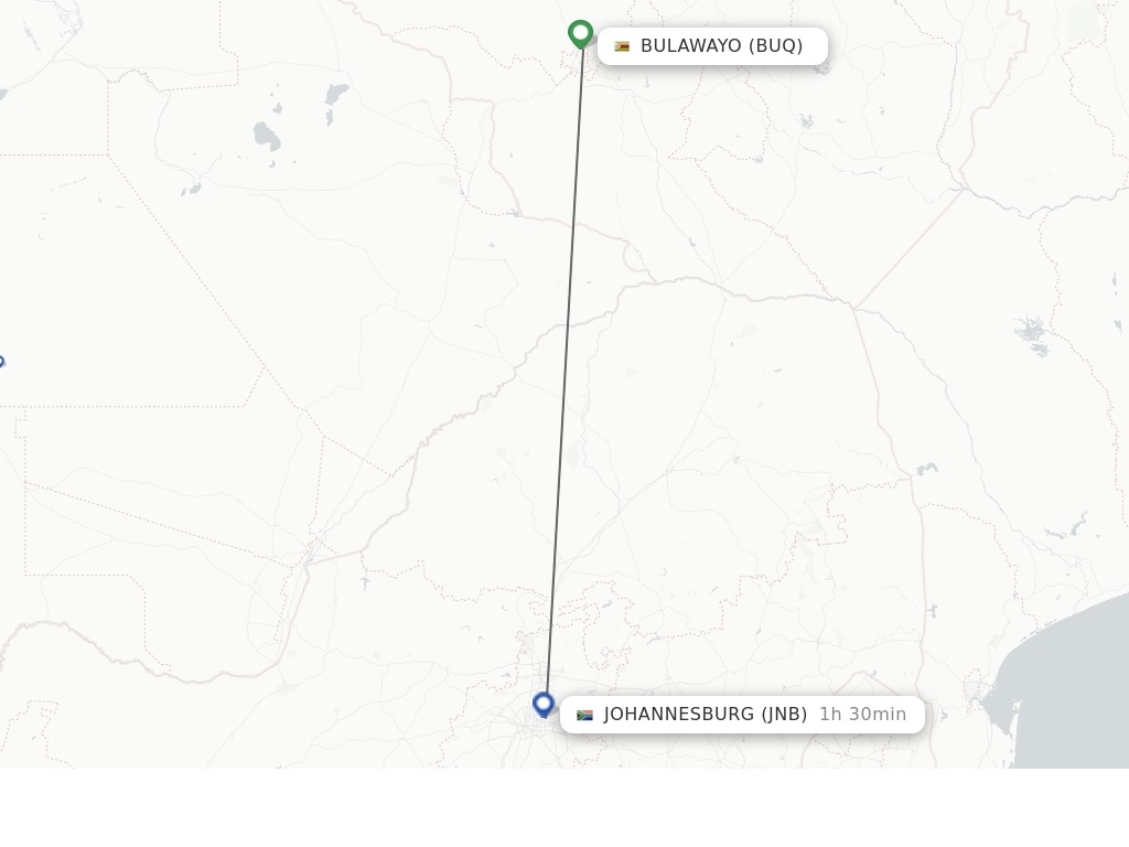 Flights from Bulawayo to Johannesburg route map