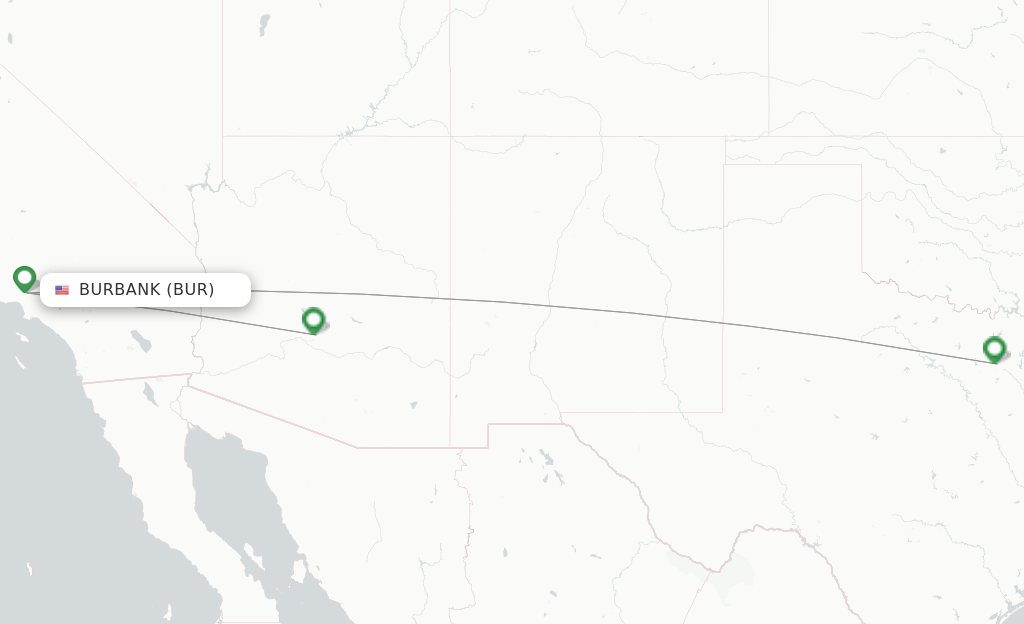Route map with flights from Burbank with American Airlines