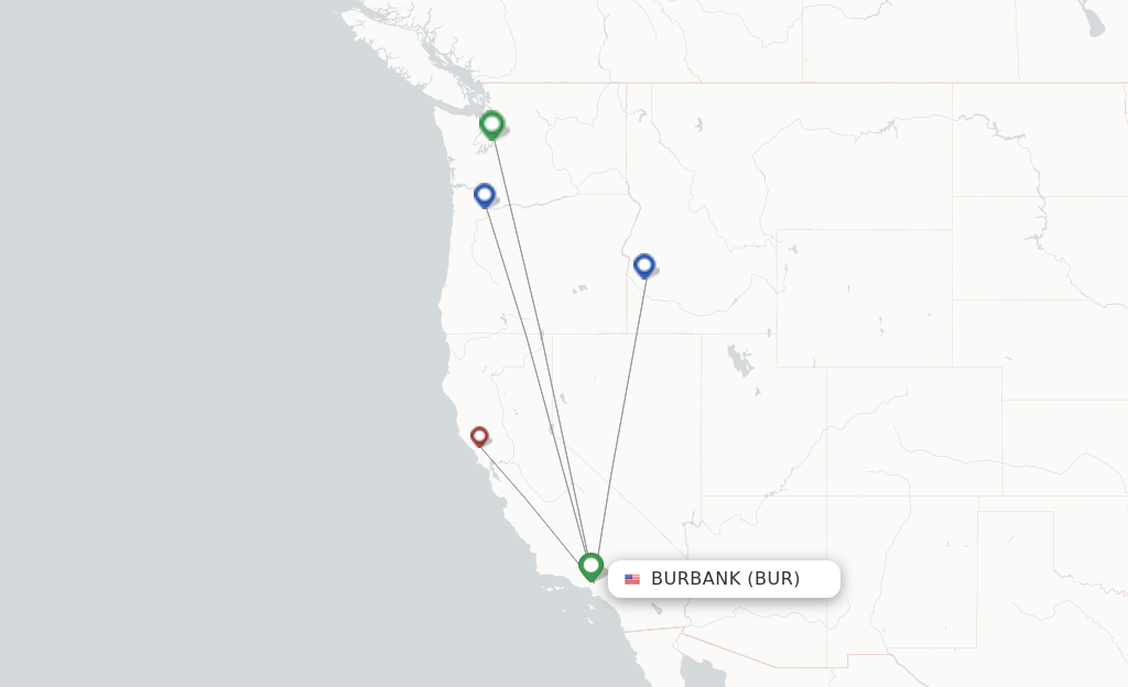 Route map with flights from Burbank with Alaska Airlines