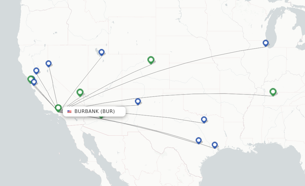 Route map with flights from Burbank with Southwest