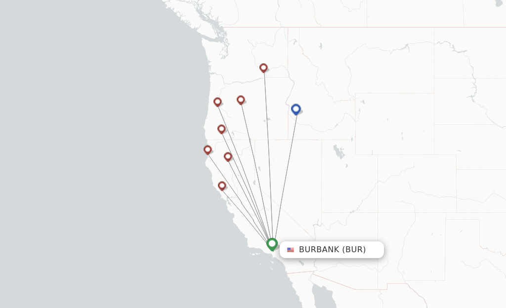Route map with flights from Burbank with Xtra Airways