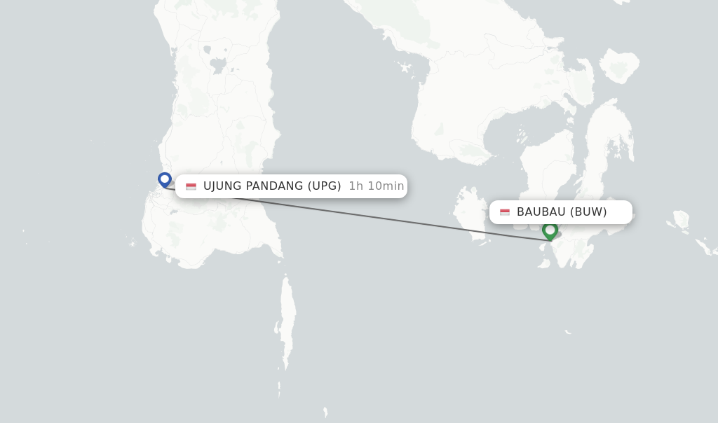 Flights from Baubau to Ujung Pandang route map