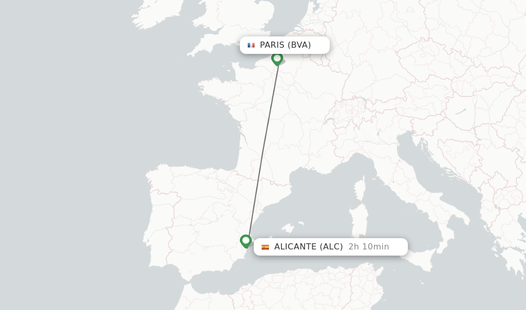 Flights from Paris to Alicante route map