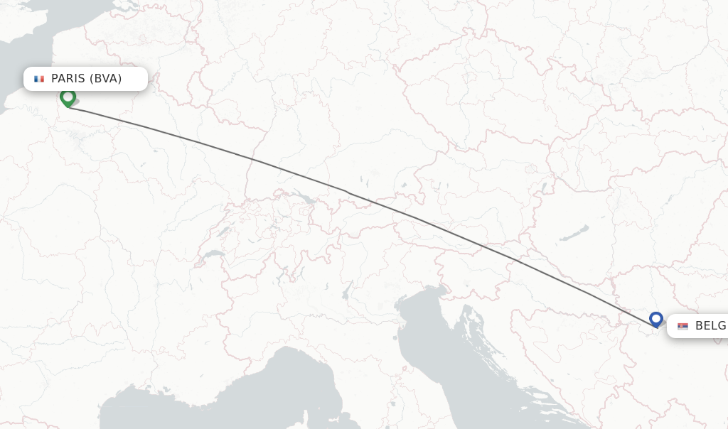 Flights from Paris to Belgrade route map