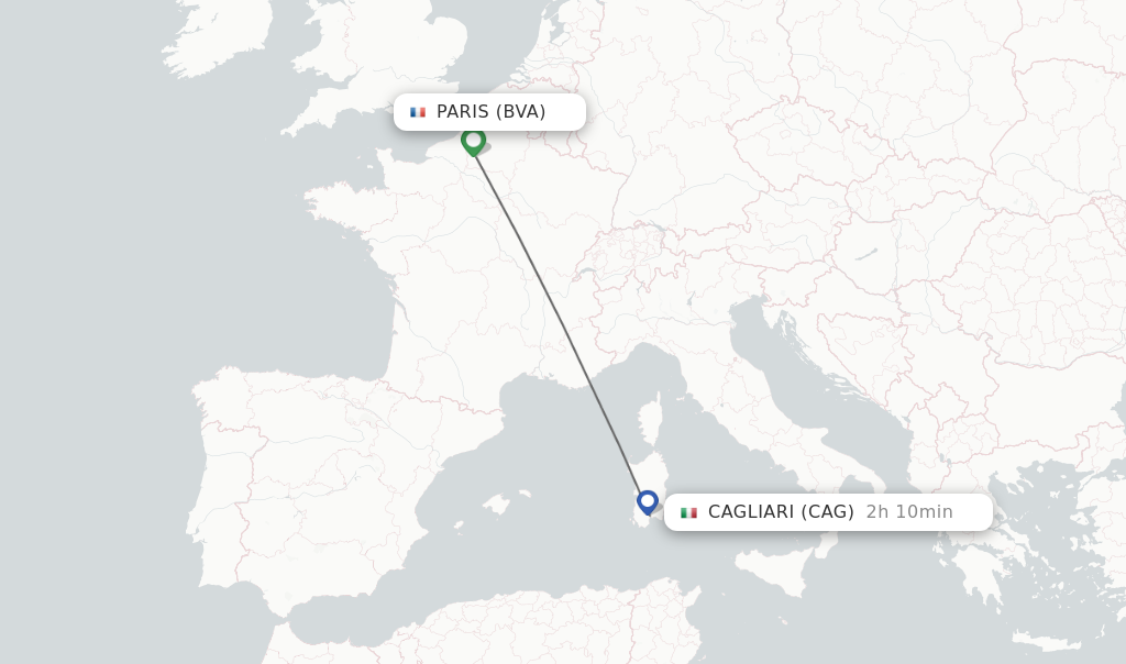 Flights from Paris to Cagliari route map