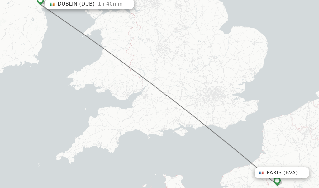 Flights from Paris to Dublin route map