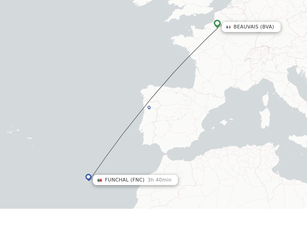 Flights from Paris to Funchal route map