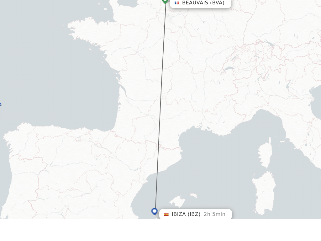 Flights from Paris to Ibiza route map
