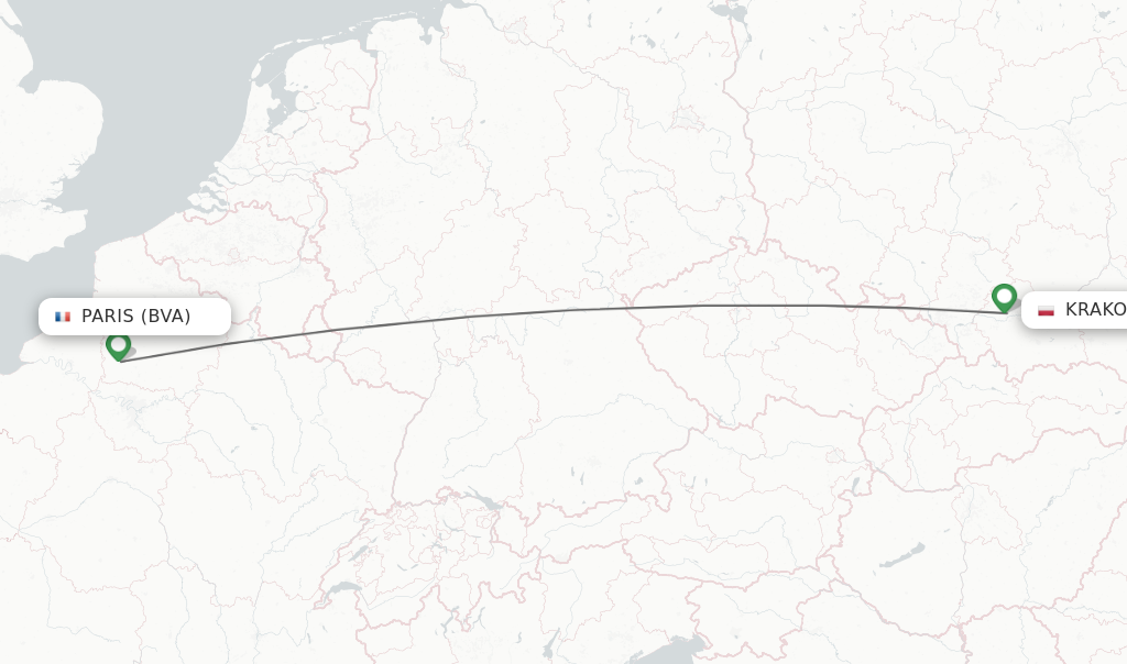 Flights from Paris to Krakow route map