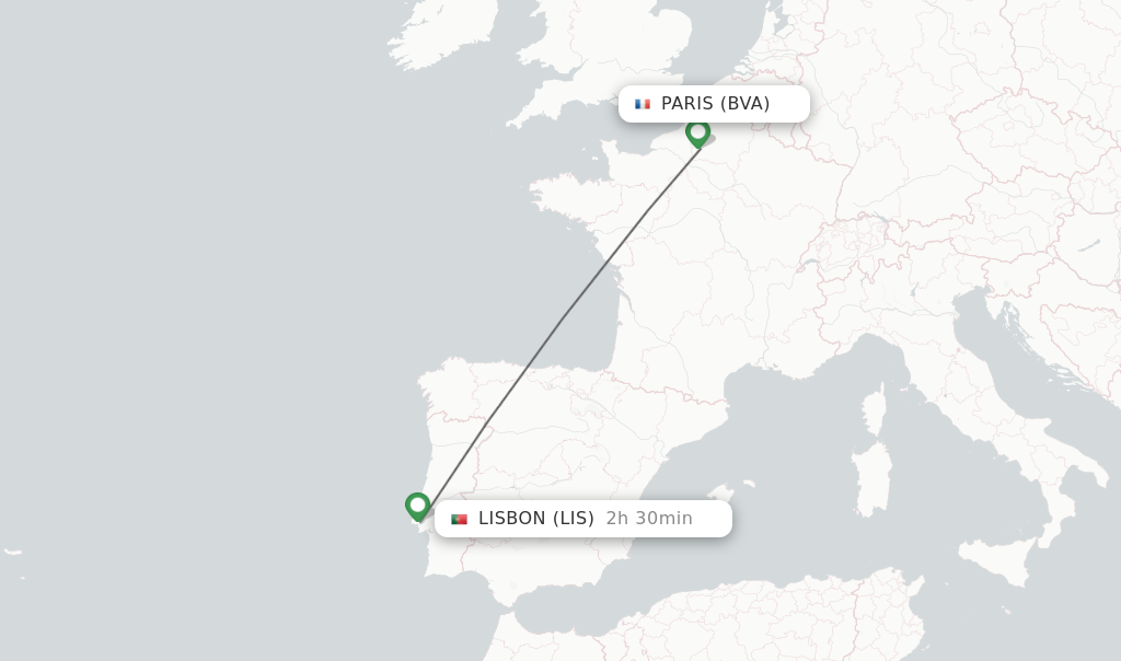 Flights from Paris to Lisbon route map