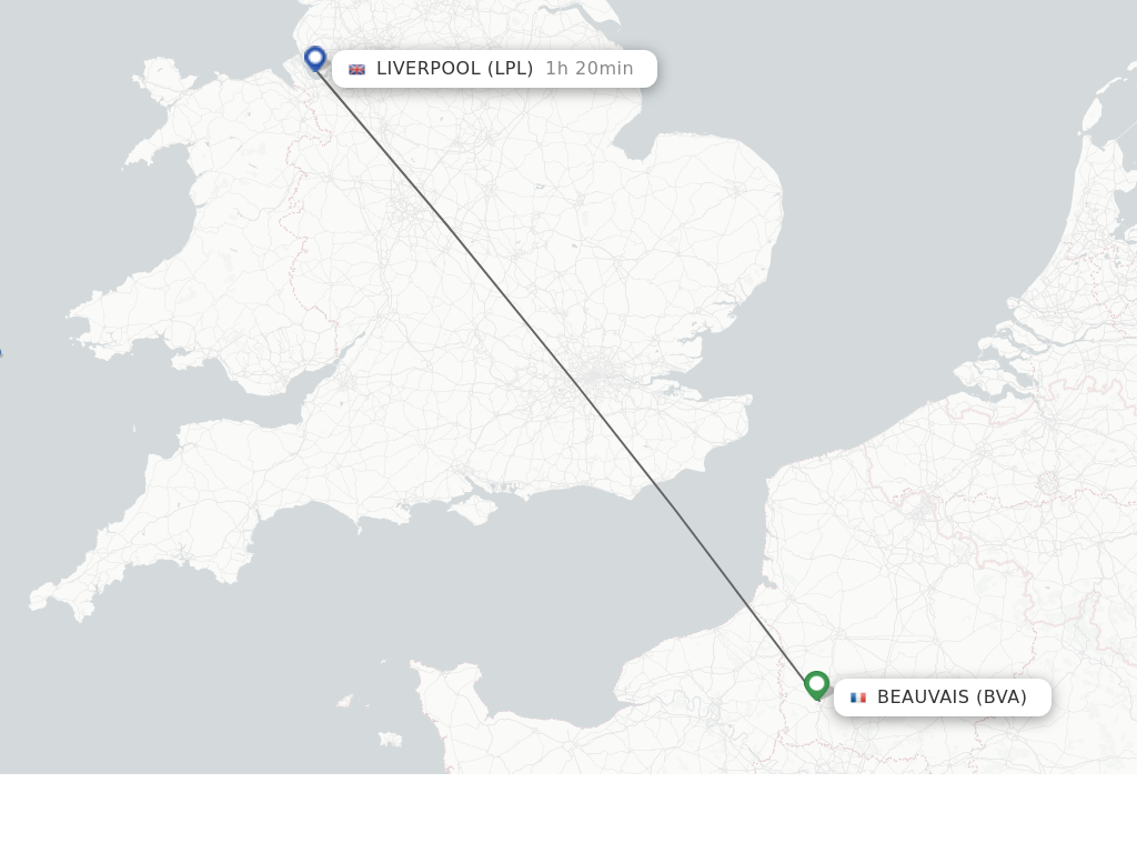 Flights from Paris to Liverpool route map