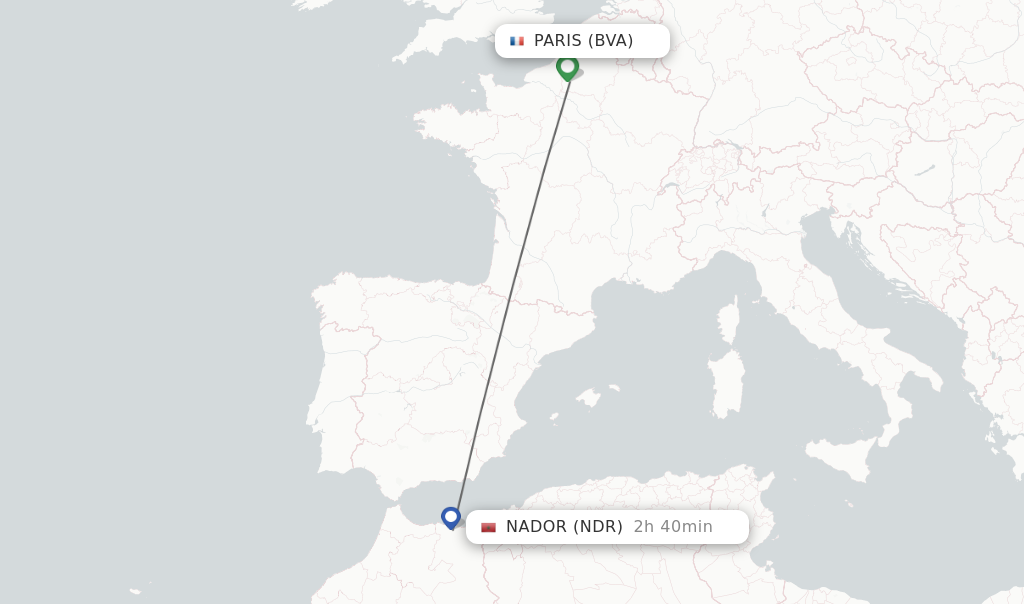 Flights from Paris to Nador route map