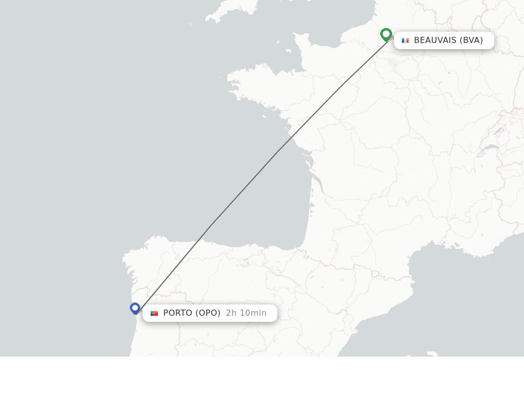 Flights from Porto to Beauvais route map