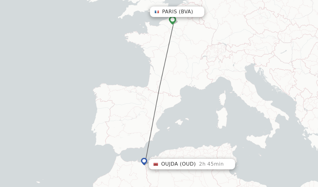 Flights from Paris to Oujda route map