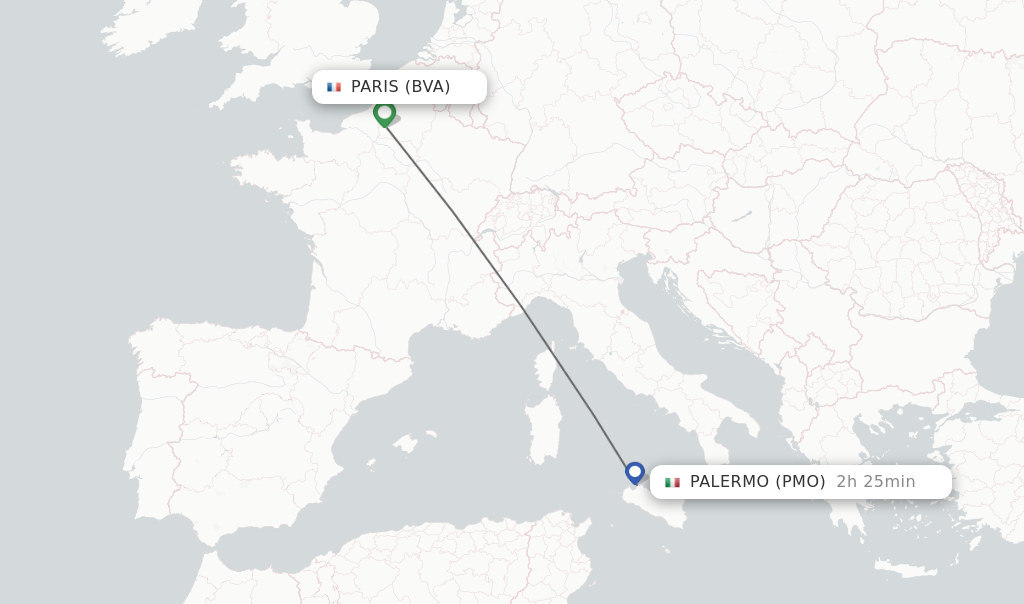 Flights from Paris to Palermo route map