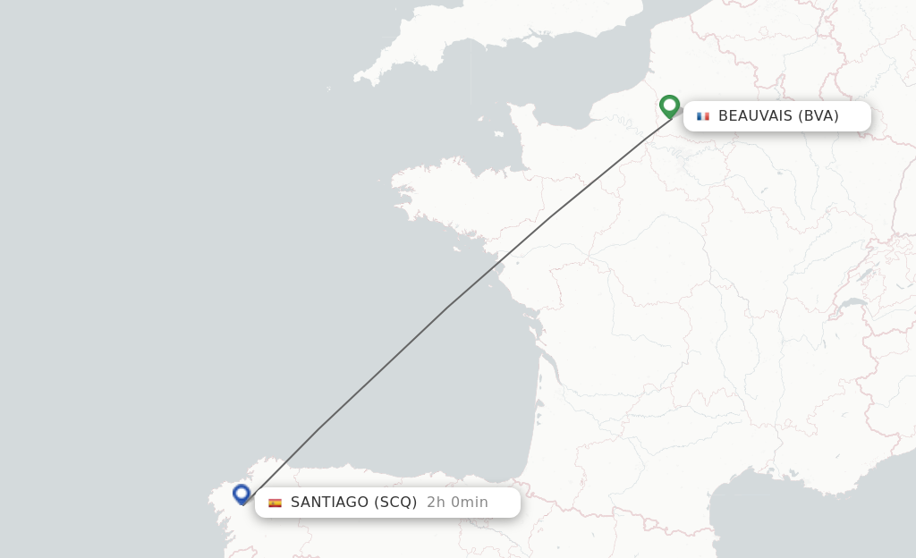 Flights from Paris to Santiago De Compostela route map