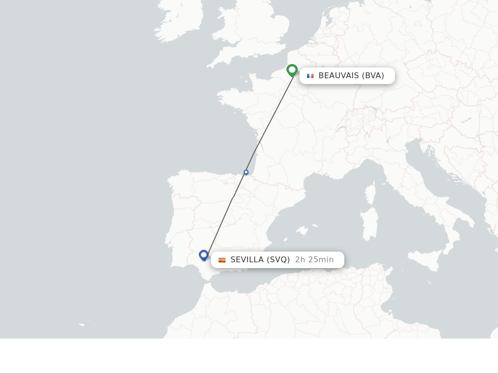 Flights from Paris to Sevilla route map