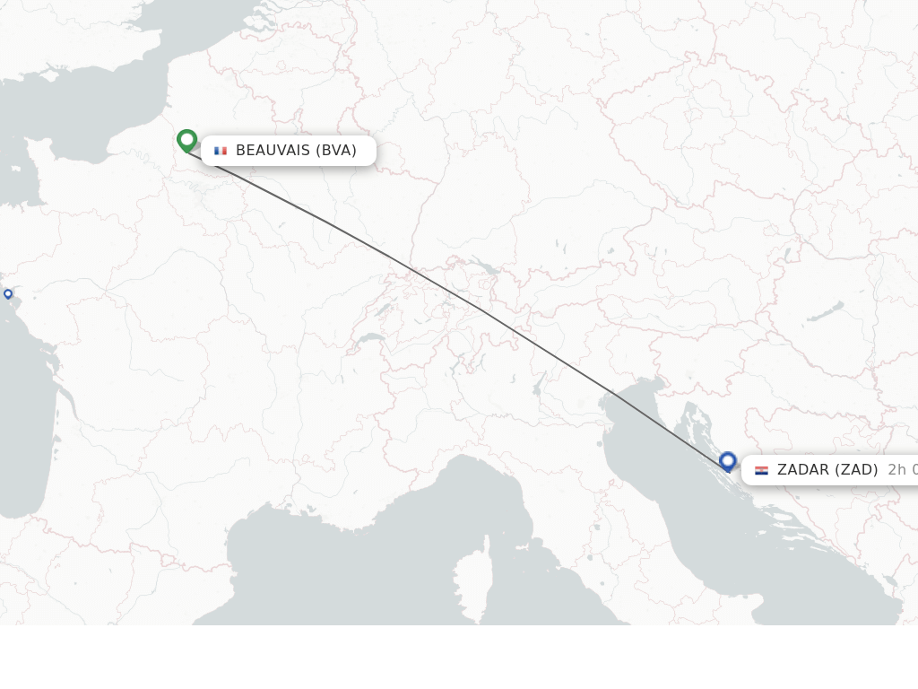 Flights from Paris to Zadar route map