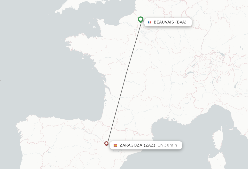 Flights from Paris to Zaragoza route map