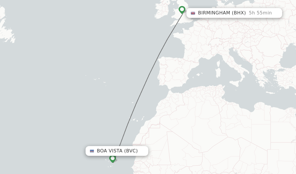 Flights from Boa Vista to Birmingham route map