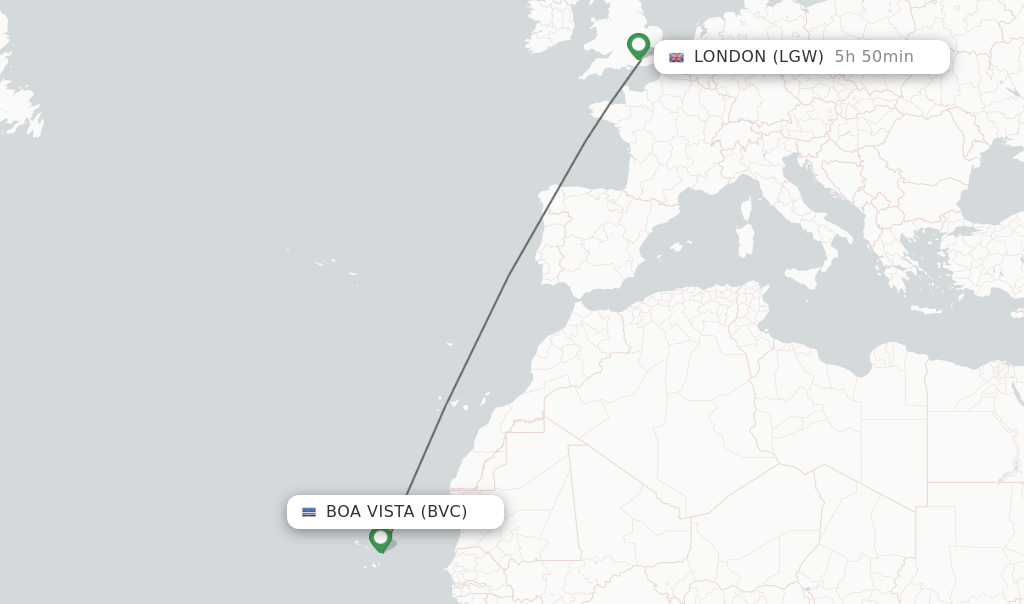 Flights from Boa Vista to London route map