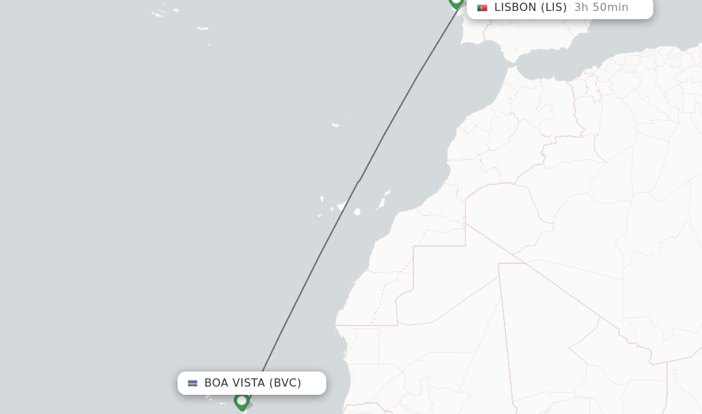 Flights from Boa Vista to Lisbon route map