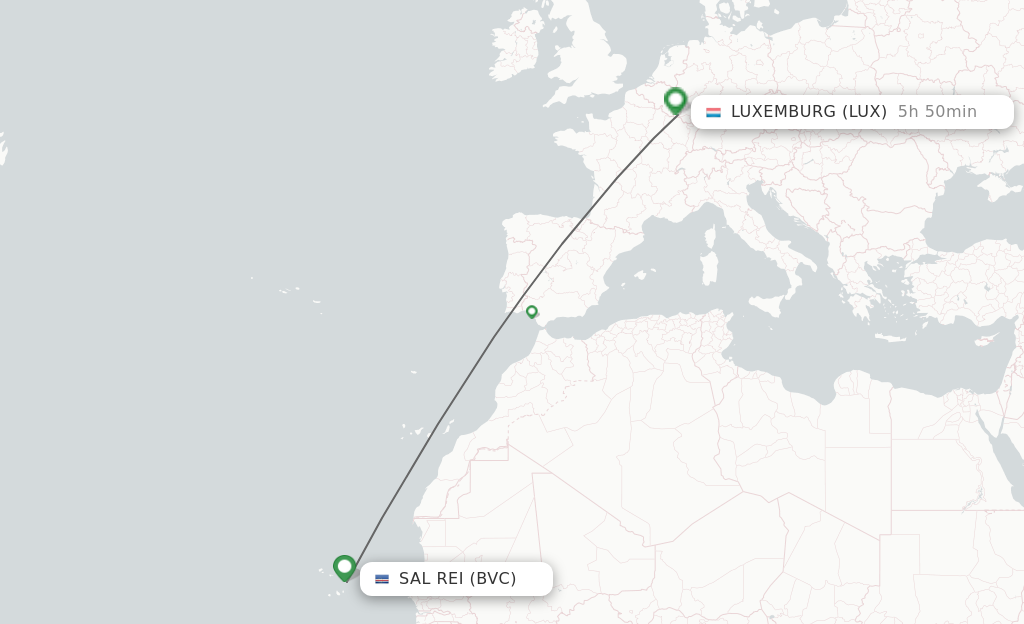 Flights from Boa Vista to Luxembourg route map
