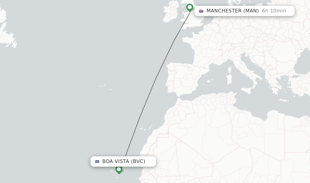 Flights from Boa Vista to Manchester route map