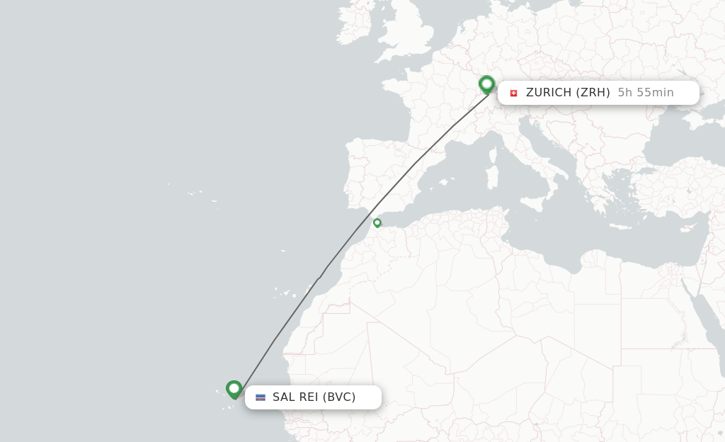 Flights from Boa Vista to Zurich route map