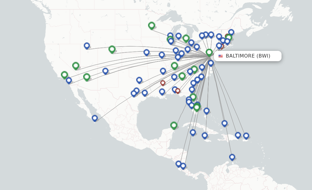 Route map with flights from Baltimore with Southwest