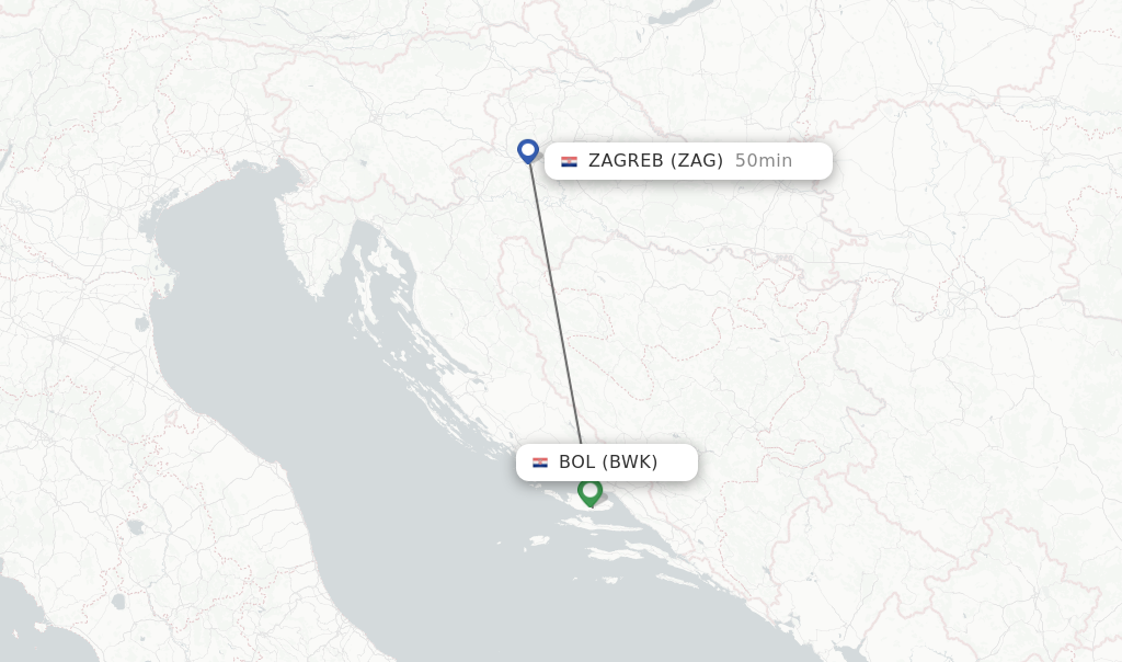 Flights from Bol to Zagreb route map