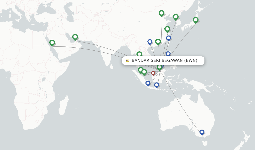 Route map with flights from Bandar Seri Begawan with Royal Brunei Airlines