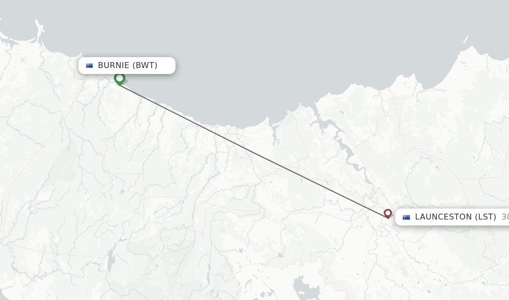 Flights from Burnie to Launceston route map