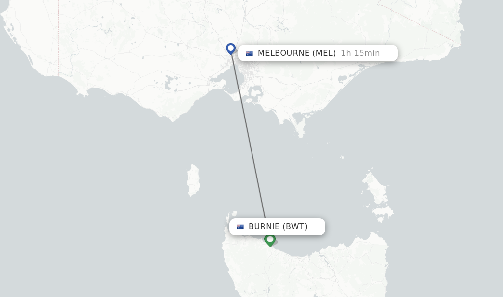 Flights from Burnie to Melbourne route map