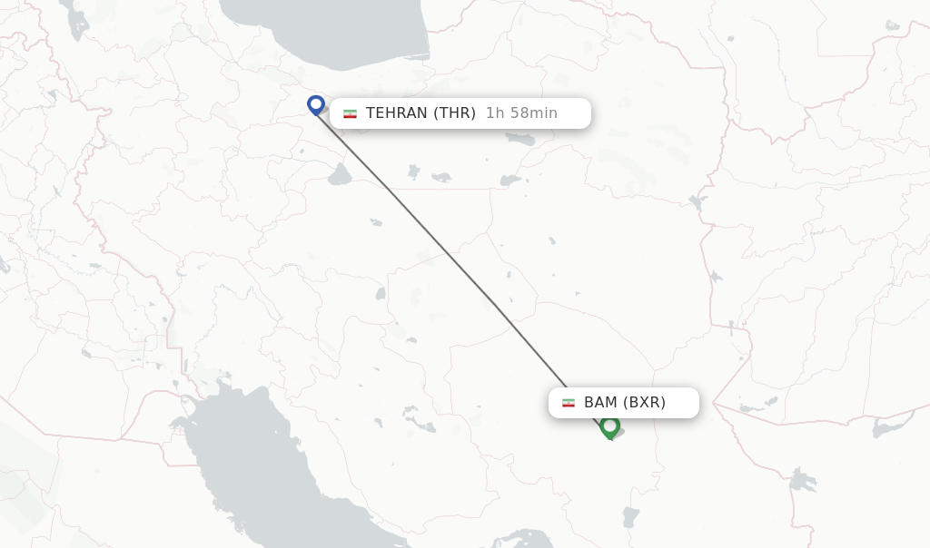 Flights from Bam to Tehran route map