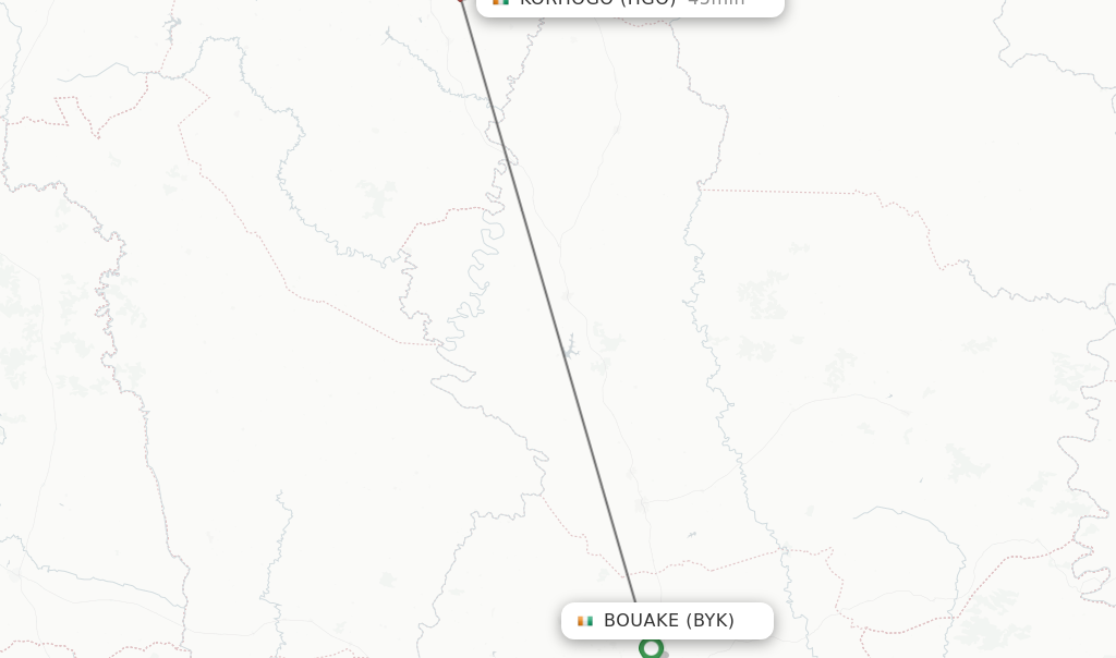 Flights from Bouake to Korhogo route map