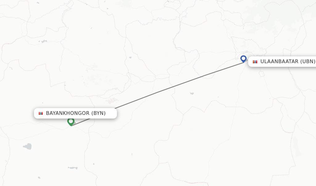 Flights from Bayankhongor to Ulaanbaatar route map