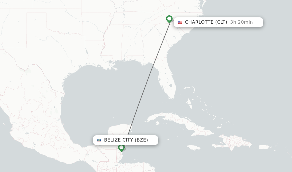 Flights from Belize City to Charlotte route map