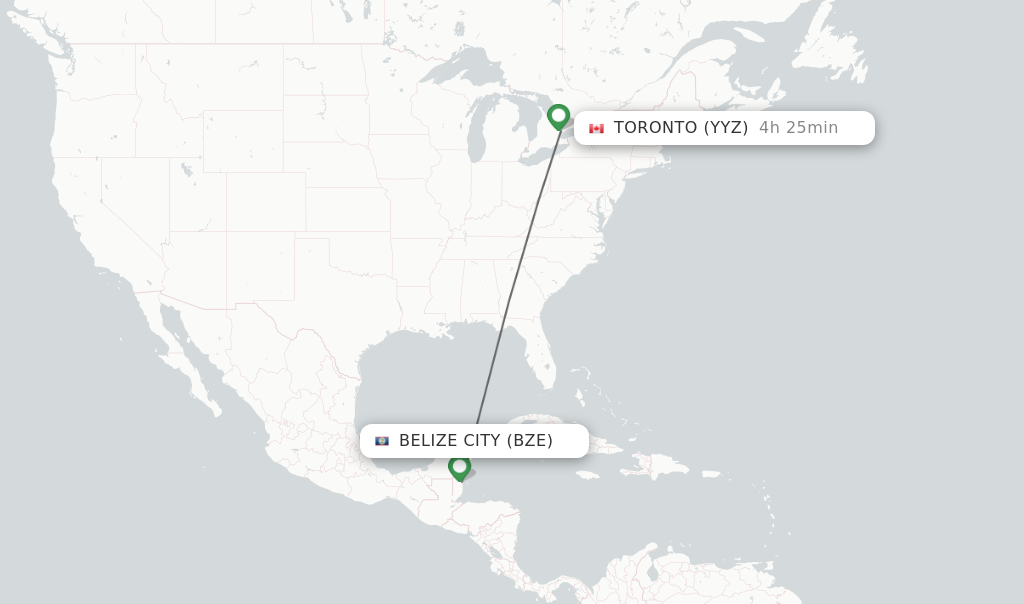 Flights from Belize City to Toronto route map