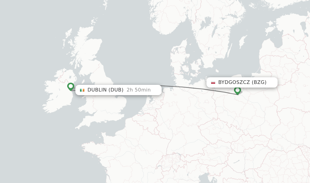 Flights from Bydgoszcz to Dublin route map