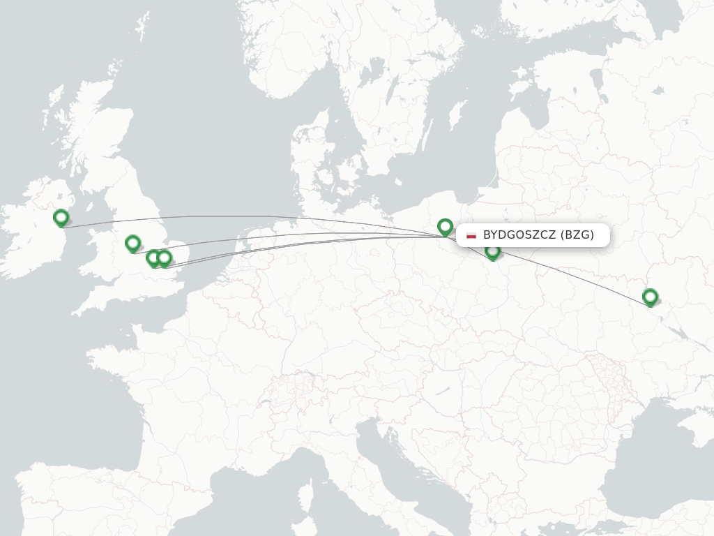 Flights from Bydgoszcz to Glasgow route map