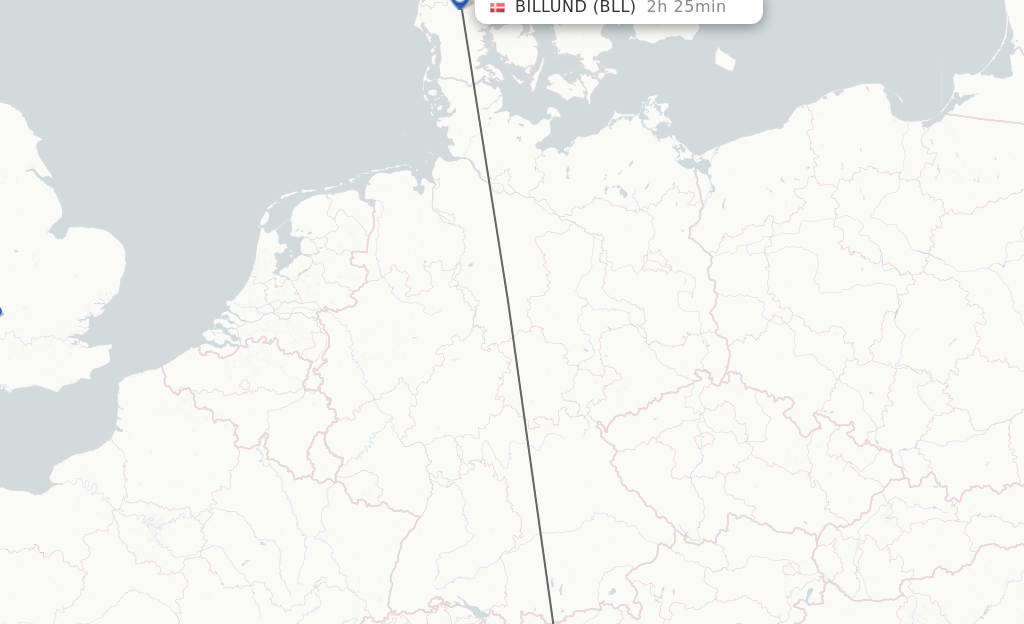 Flights from Bolzano to Billund route map
