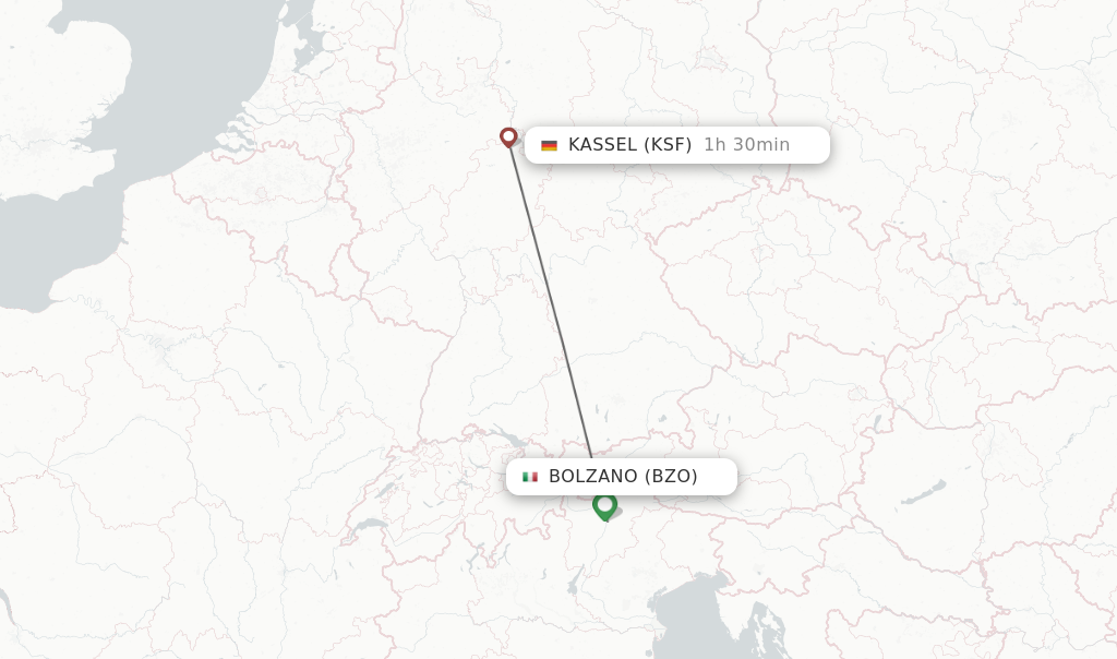 Flights from Bolzano to Kassel route map