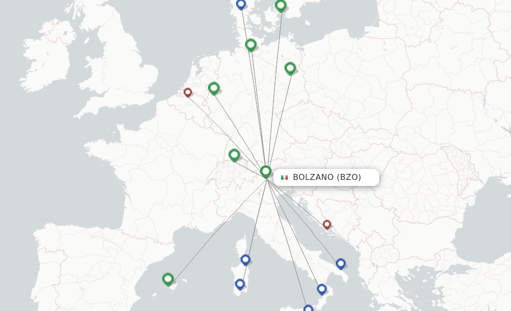 Route map with flights from Bolzano with FlexFlight