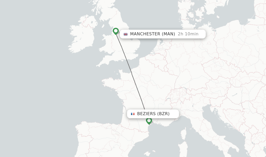 Flights from Beziers to Manchester route map