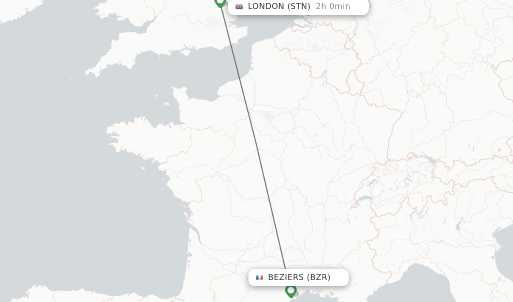 Flights from Beziers to London route map