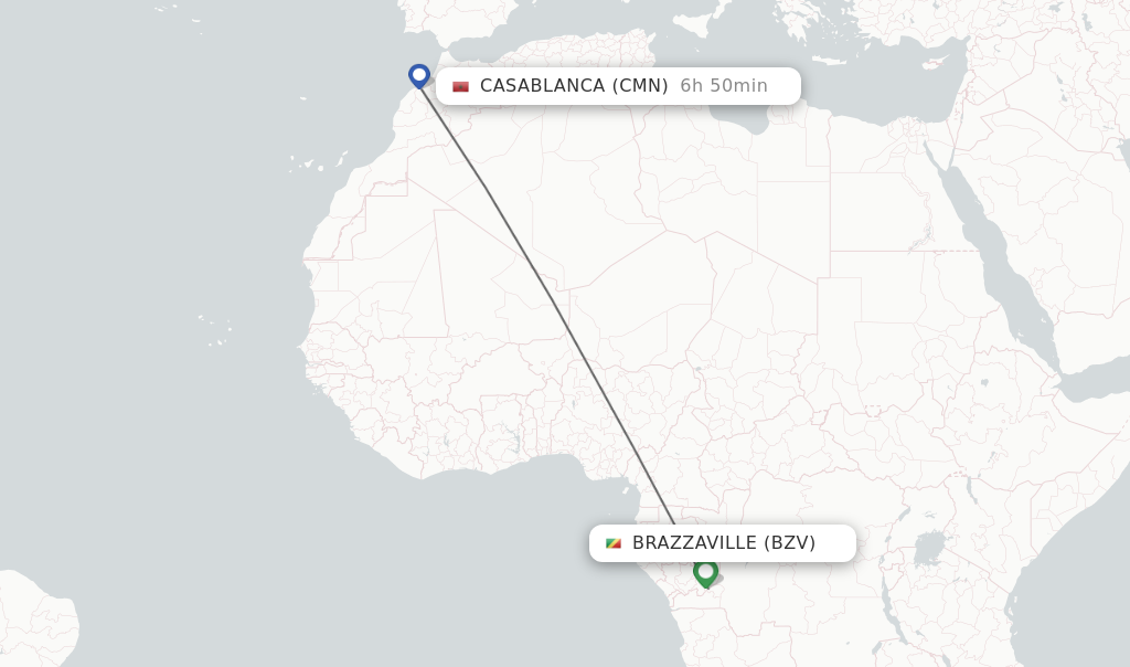 Flights from Brazzaville to Casablanca route map