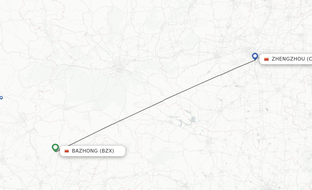 Flights from Bazhong to Zhengzhou route map